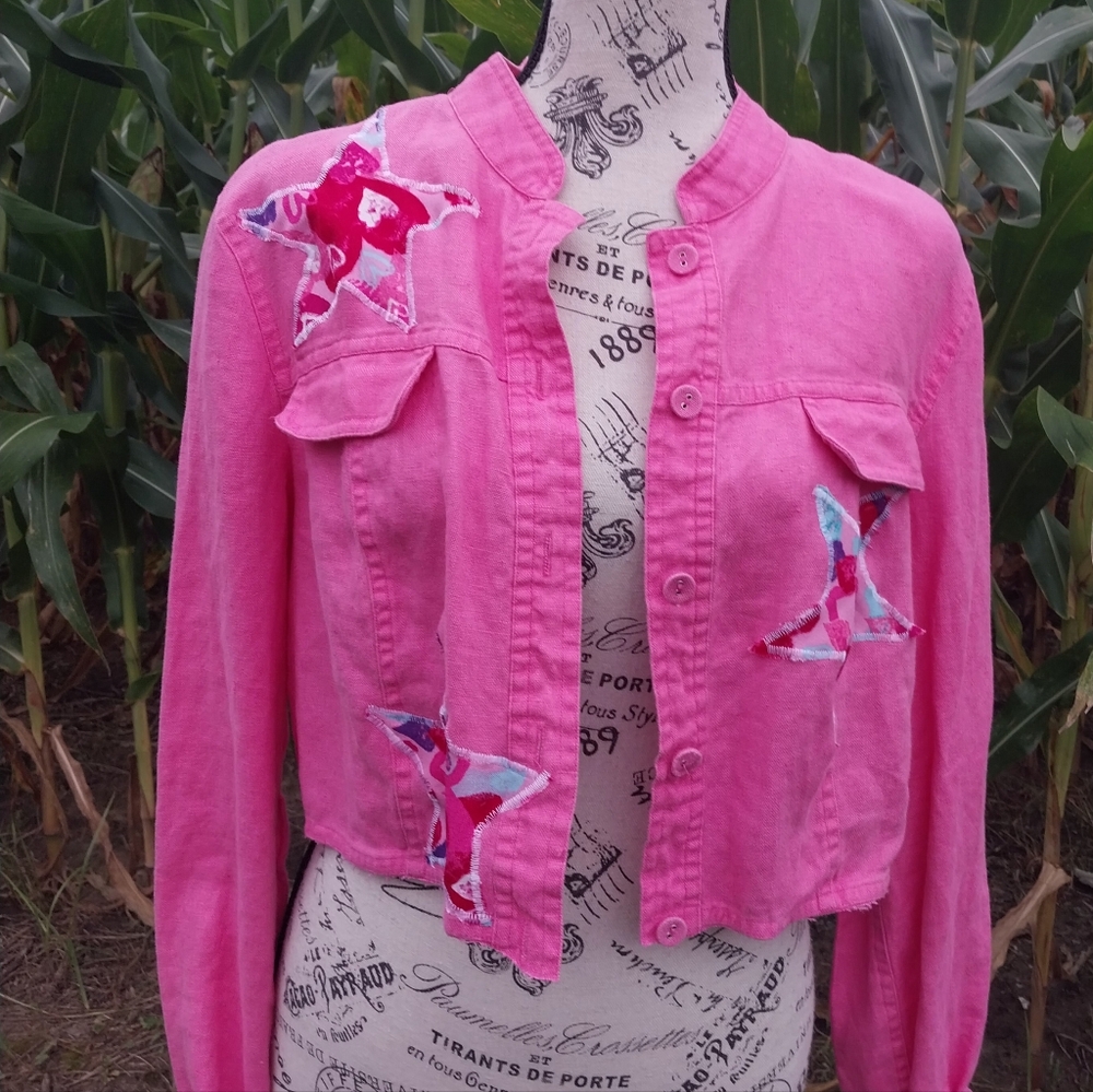 RECYCLED CROPPED BARBIE PINK LINEN SPRING JACKET W/ HEART STARS/ L